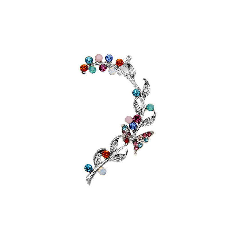 Diamond Studded Earrings Personality Exaggeration Color Diamond Leaf Ear Clip