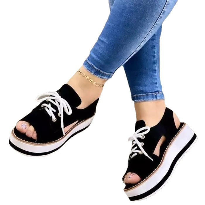 Women's Casual Versatile Plus Size Fish Mouth Foam Front Lace-Up Sandals