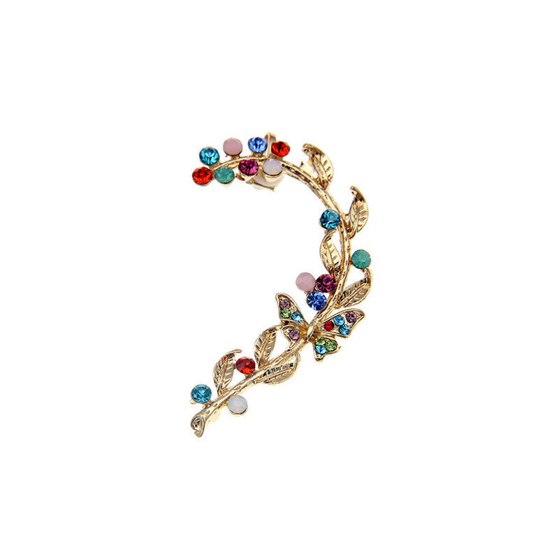 Diamond Studded Earrings Personality Exaggeration Color Diamond Leaf Ear Clip