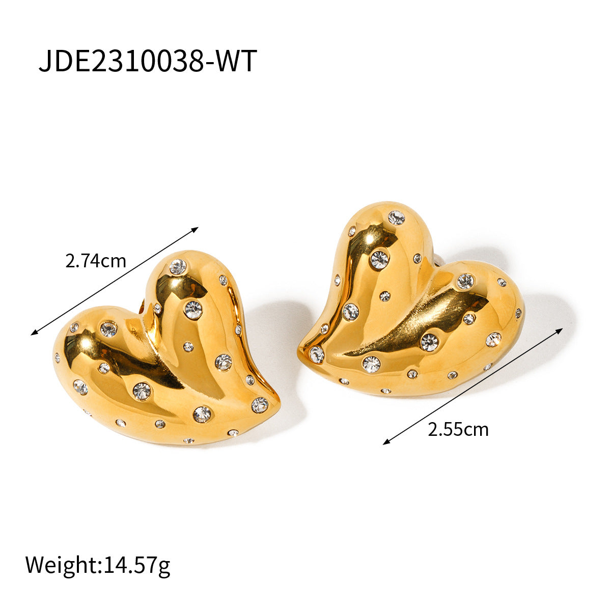 Fashion 18K Gold Stainless Steel Inlaid White Diamond Love Heart Earrings