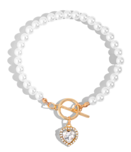 Red Crystal Heart Pendant Pearl Beaded Bracelet