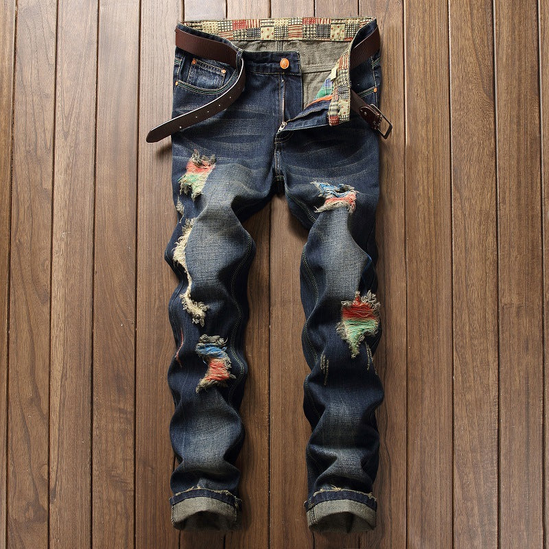 European and American street personality paint jeans men's hole straight jeans