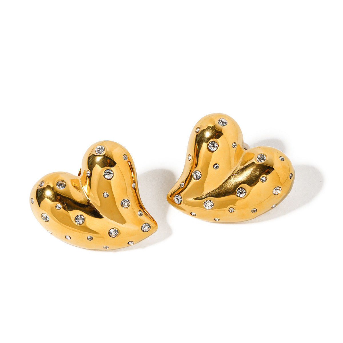 Fashion 18K Gold Stainless Steel Inlaid White Diamond Love Heart Earrings