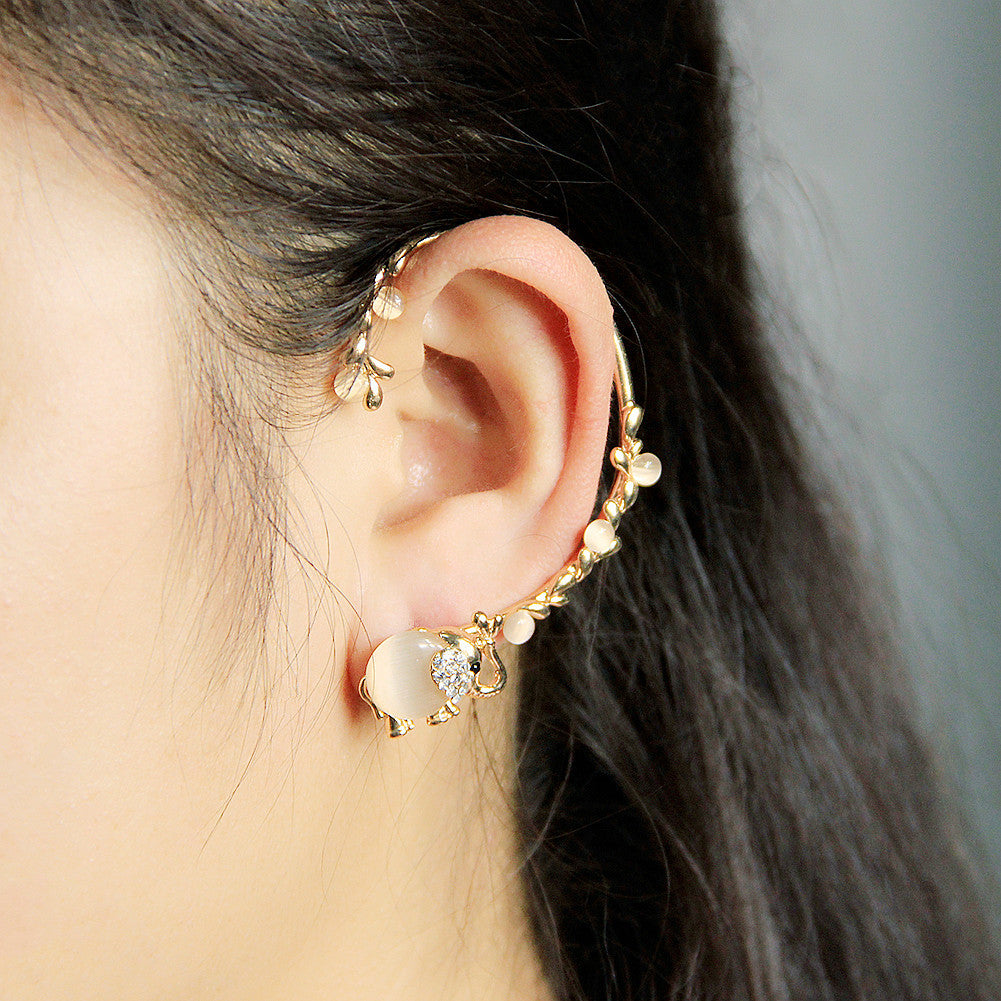 Diamond Studded Earrings Personality Exaggeration Color Diamond Leaf Ear Clip