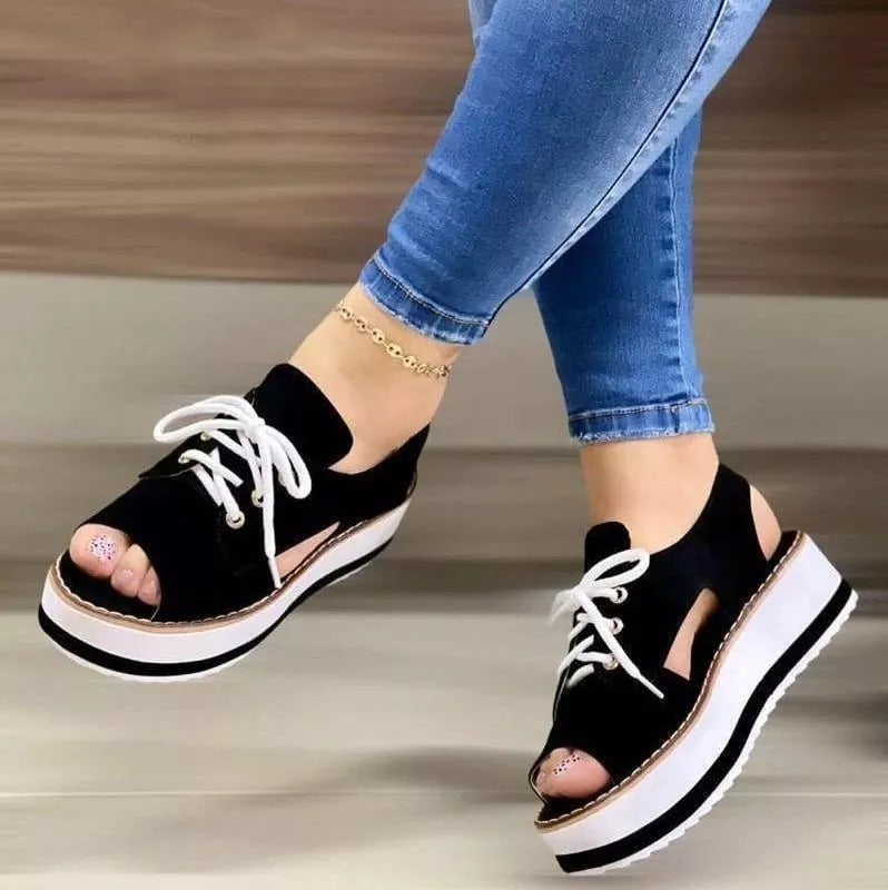 Women's Casual Versatile Plus Size Fish Mouth Foam Front Lace-Up Sandals