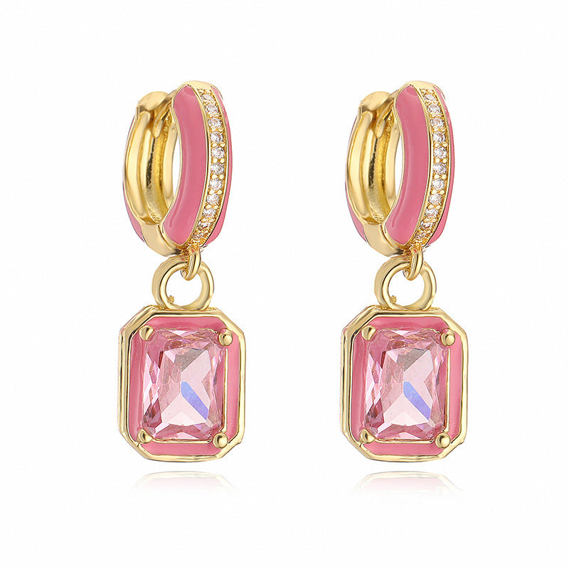 Sweet Colorful Drop Oil Copper Inlaid Color Diamond Cube Sugar Earrings