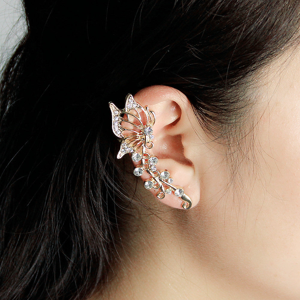 Diamond Studded Earrings Personality Exaggeration Color Diamond Leaf Ear Clip