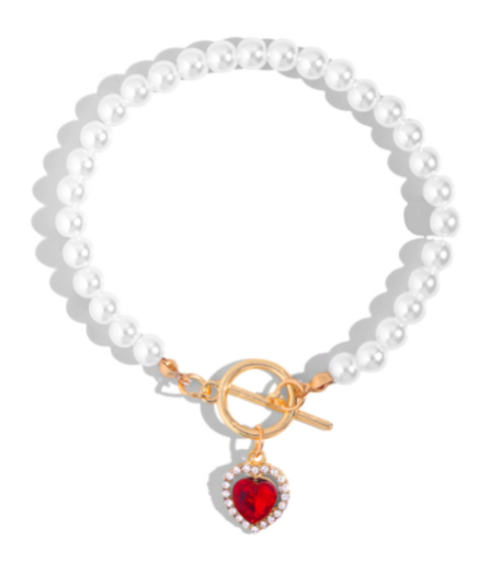 Red Crystal Heart Pendant Pearl Beaded Bracelet