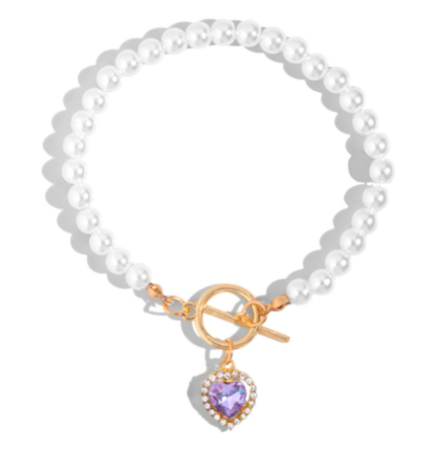 Red Crystal Heart Pendant Pearl Beaded Bracelet