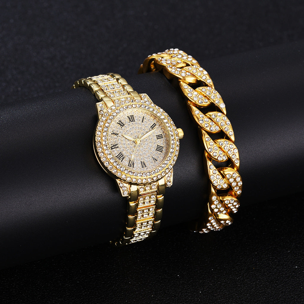 Full Diamond Roman Literal Steel Watch Bracelet Set