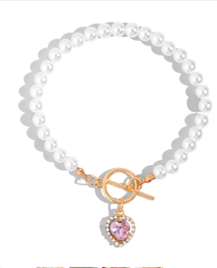 Red Crystal Heart Pendant Pearl Beaded Bracelet