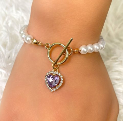 Red Crystal Heart Pendant Pearl Beaded Bracelet