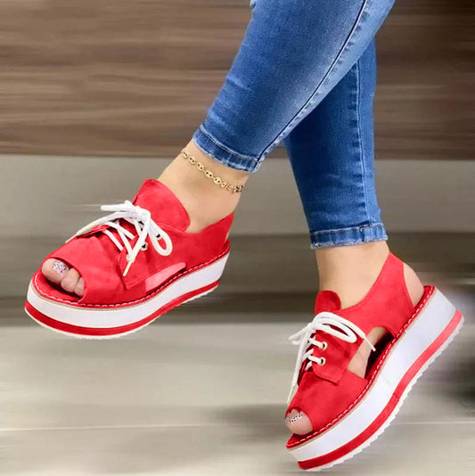 Women's Casual Versatile Plus Size Fish Mouth Foam Front Lace-Up Sandals