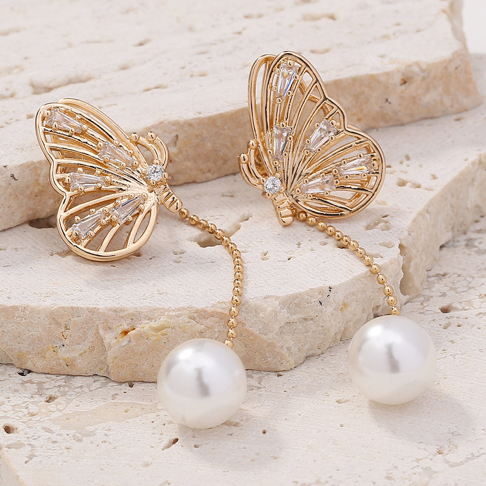 Temperament Personality Copper Micro-zircon Butterfly Long Tassel Pearl Earrings