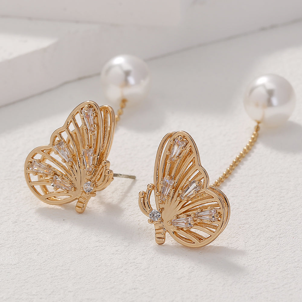 Temperament Personality Copper Micro-zircon Butterfly Long Tassel Pearl Earrings