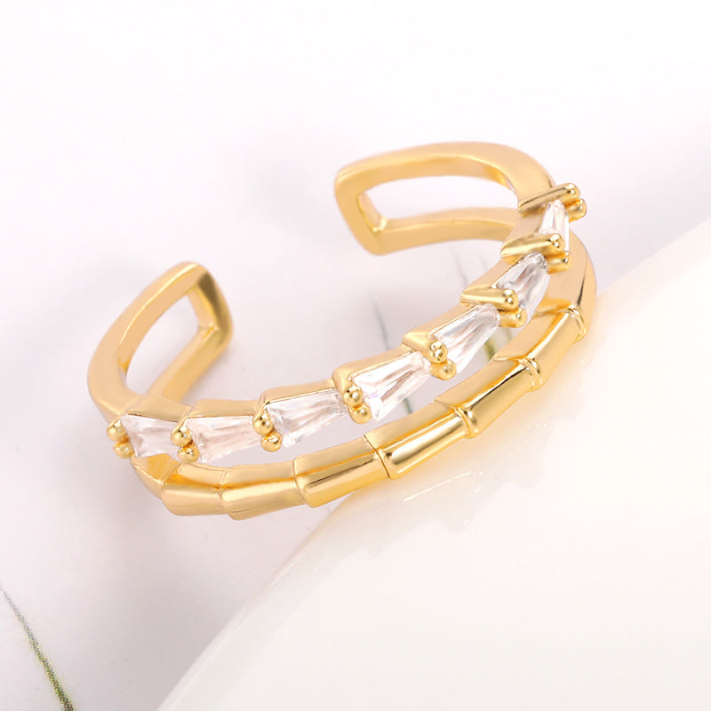 Golden Bamboo Ring Double Layer Ladies Zircon