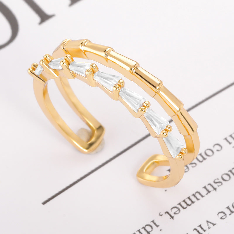 Golden Bamboo Ring Double Layer Ladies Zircon