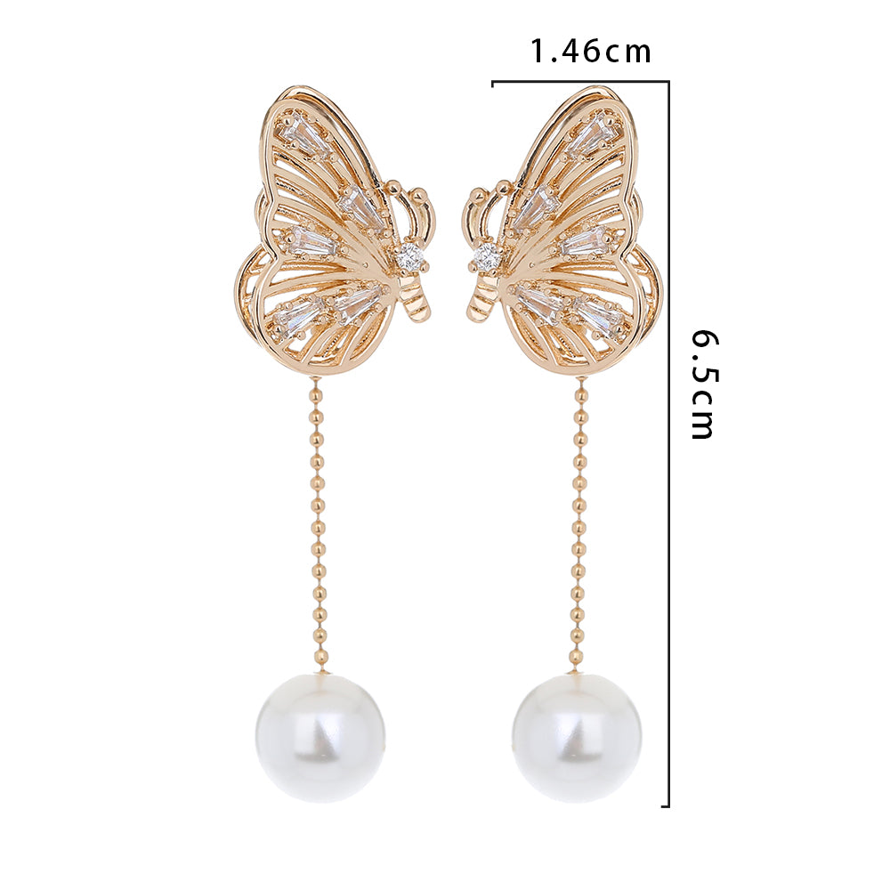 Temperament Personality Copper Micro-zircon Butterfly Long Tassel Pearl Earrings