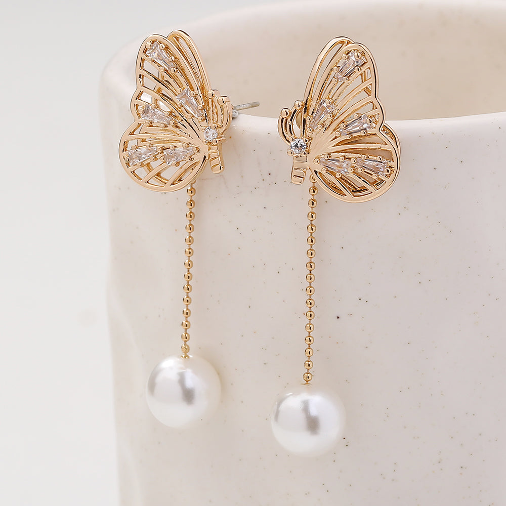 Temperament Personality Copper Micro-zircon Butterfly Long Tassel Pearl Earrings