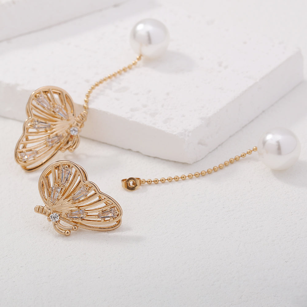 Temperament Personality Copper Micro-zircon Butterfly Long Tassel Pearl Earrings