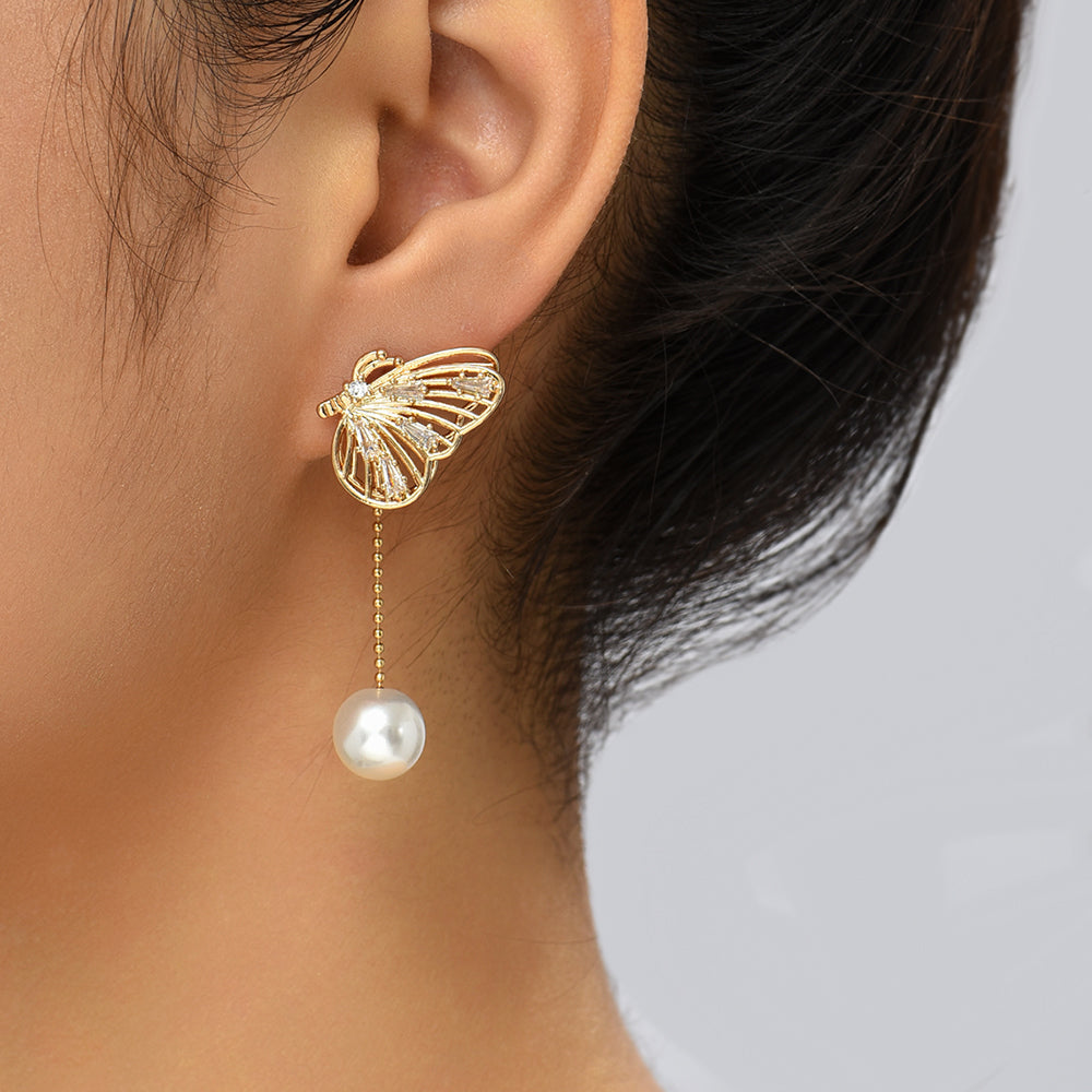 Temperament Personality Copper Micro-zircon Butterfly Long Tassel Pearl Earrings