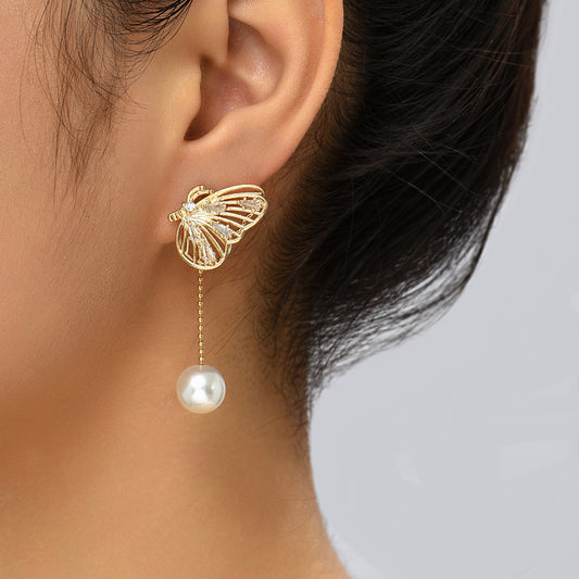 Temperament Personality Copper Micro-zircon Butterfly Long Tassel Pearl Earrings