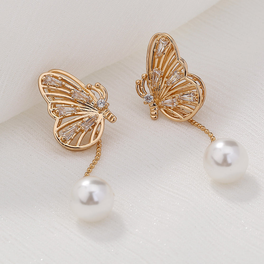 Temperament Personality Copper Micro-zircon Butterfly Long Tassel Pearl Earrings