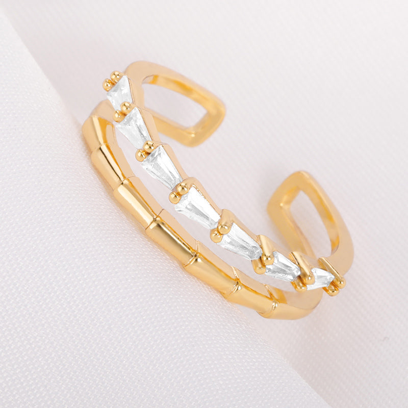 Golden Bamboo Ring Double Layer Ladies Zircon