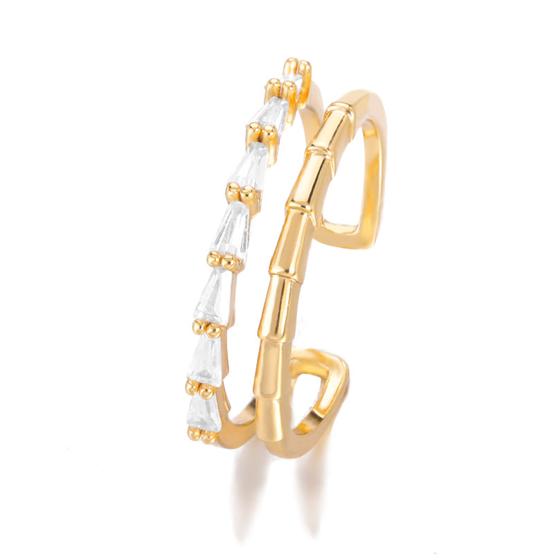 Golden Bamboo Ring Double Layer Ladies Zircon